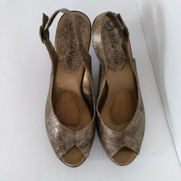 Bella Vita Snakeskin Print Slingback Peep Toe Heel Sandal 7N Brown Metallic - Picture 13 of 16